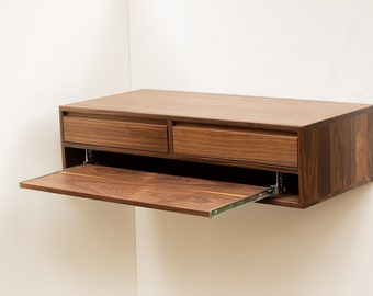 Floating Desk Black Walnut with Keyboard Tray and Drawers