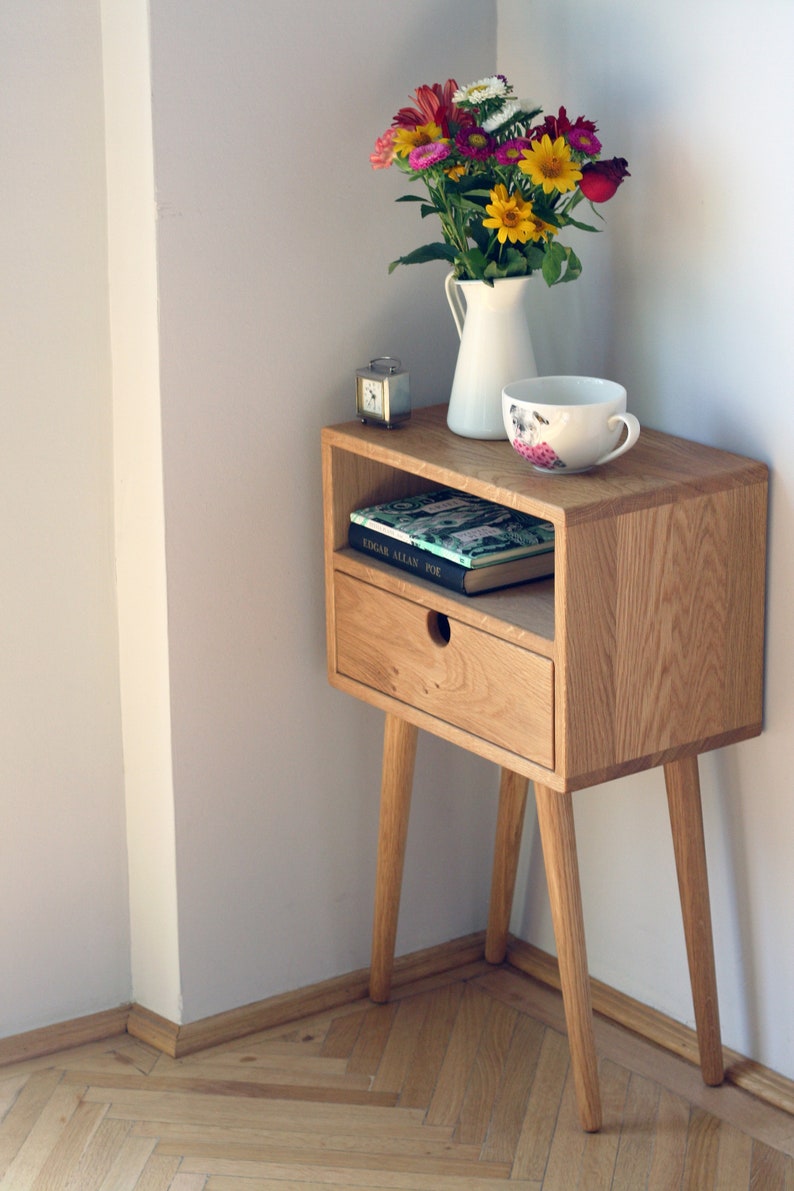 Table de chevet Mid Century avec tiroir / Chêne blanc / Chêne foncé image 3