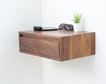 Floating Nightstand with Drawer in Black Walnut / Modern Bedside Table / Finger Grip Pulls