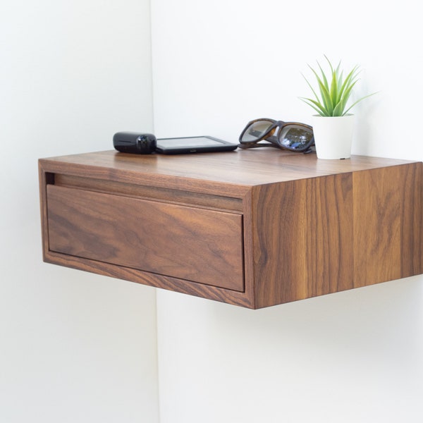 Floating Nightstand with Drawer in Black Walnut / Modern Bedside Table / Finger Grip Pulls