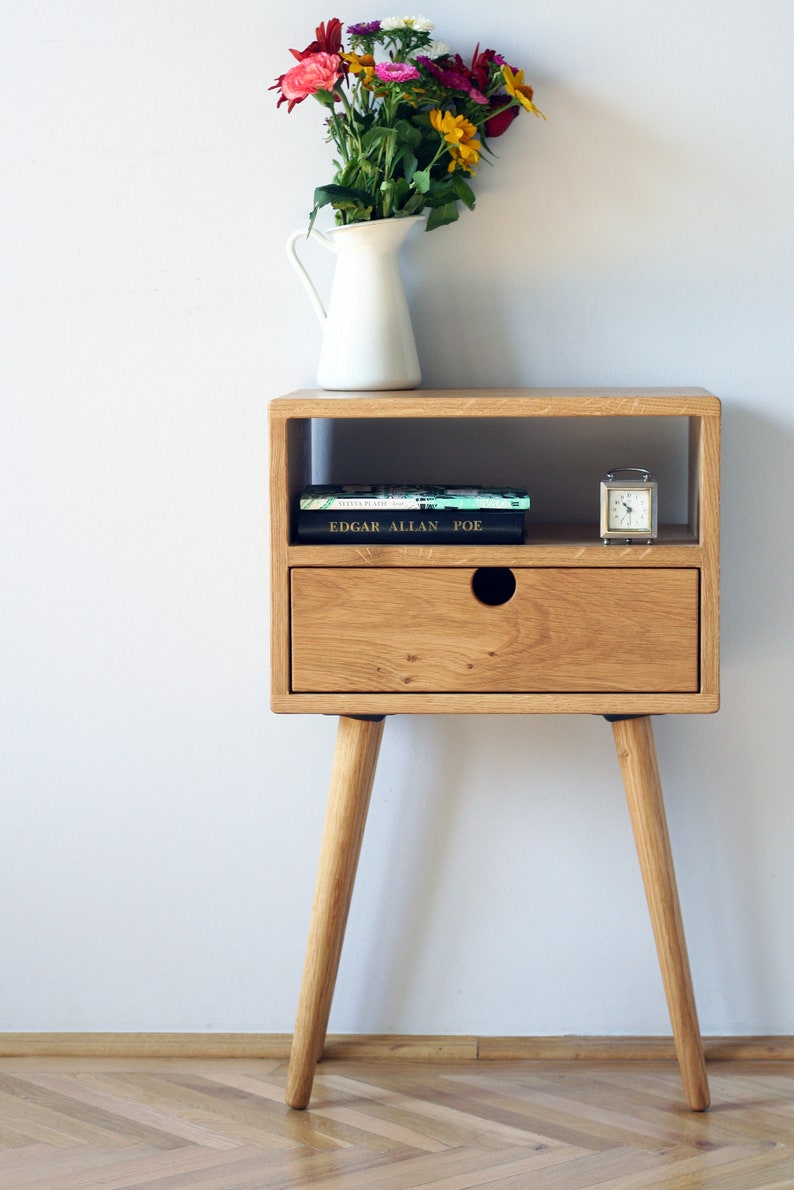 Mid Century Nightstand Bedside Table With Drawer / White Oak / Dark Oak image 6