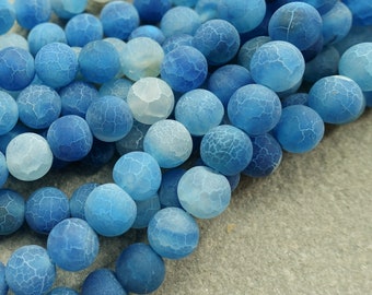 6mm 8mm Frosted Fire Crackle Agate, Blue Dragon veins, Weathered Effloresce Agate Beads, Craft Supplies UK