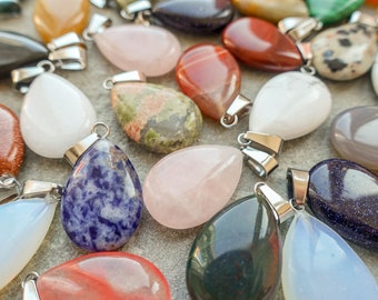 Gemstone Drop Pendant, Natural Stone  Pendant Necklace, Choose your stone - Amethyst, Quartz, Agate, Jasper, Obsidian etc