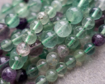 2 Sizes -  Fluorite Quartz Beads, 6mm 8mm 10mm Round gemstone beads, Green Purple Fluorite, Craft Supplies, 1 strand or 10 beads