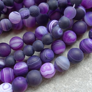 3 Sizes-  Frosted Striped Agate Beads, 6mm 9mm 10mm Matte Banded Purple Agate, gemstone beads