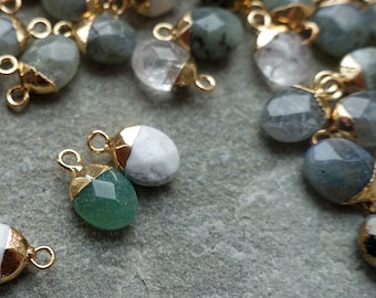 6 Colors - Natural Gemstone Small Oval Drop Charm, Howlite Labradorite Faceted Pendant with brass finding, Gemstone Charm, Nugget Pendant