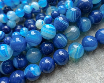 3 Sizes - Coloured Blue Agate Beads, Gemstone Agate, 6mm 8mm 10mm Round Beads, mala, necklace earrings diy wholesale bulk