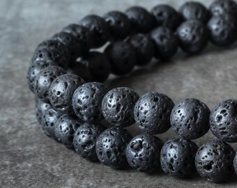 10mm Black Lava Round Beads – 15 Pieces, Natural Stone For Jewelry Making