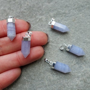 20% Blue Lace Agate/Heated Citrine Small Crystal Point Pendant, 20mm Gemstone Pillar Point Necklace, Short Bullet, Natural stone charm