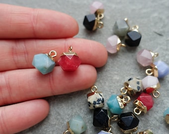 Natural Gemstone Small Hexagon Drop Charm, Faceted Ball Pendant with brass finding, Gemstone Charm