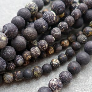 6mm 8mm Frosted Black Fire Crackle Agate, Dragon veins, Weathered Effloresce Agate Beads, 10 pcs or strand