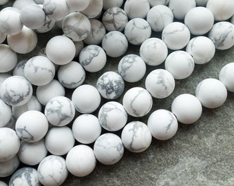 4 tailles - Perles de howlite dépolies blanches naturelles, effet marbre mat, perles de 4 mm 6 mm 8 mm 10 mm, perles rondes de pierres précieuses