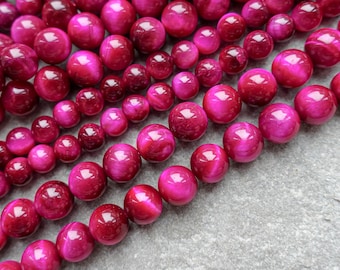 Magenta Pink Tiger Eye Round Beads, 6mm 8mm Gemstone Crystal Jewellery Making Supplies