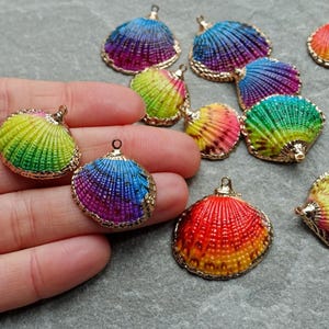 May include: A collection of seashell charms featuring vibrant gradient colours including pink, blue, yellow, and orange. Each shell has a metallic gold-toned rim and a small loop at the top for attachment, showcasing a textured, ribbed surface design.