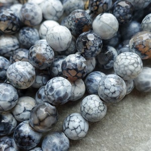 8mm 10mm Faceted Fire Crackle Agate Round Beads,  Dragon veins Agate,  Black & White gemstone Beads