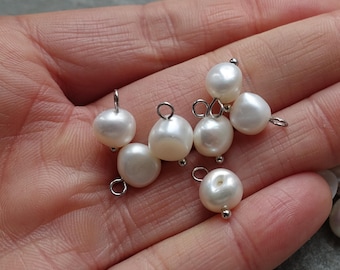 6mm Round Pearls Charm, Freeform Natural Pearl Bead Pendant, Silver tone Finding, Jewelry Finding