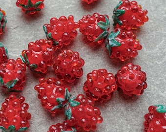 14mm Raspberry Glass Lampwork Beads, Red Berry Beads, Craft Supplies UK