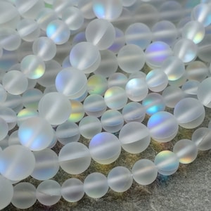 3 sizes - Synthetic Moonstone Beads with Iridescent effect, 6mm 8mm 10mm Matte Frosted Round Beads, craft supplies, 10 beads or 1 strand