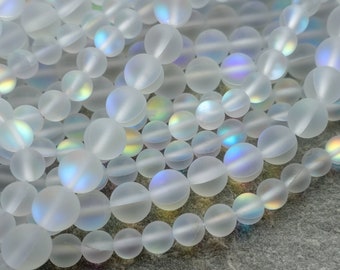 3 sizes - Synthetic Moonstone Beads with Iridescent effect, 6mm 8mm 10mm Matte Frosted Round Beads, craft supplies, 10 beads or 1 strand