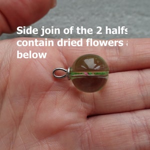 Op de afbeelding: Een heldere, ronde hanger met gedroogde bloemen erin. De hanger is verdeeld in twee helften, gescheiden door een groene en roze band. Het heeft een zilverkleurige lus om op te hangen. De tekst zegt: "Side join of the 2 halves contain dried flowers below."