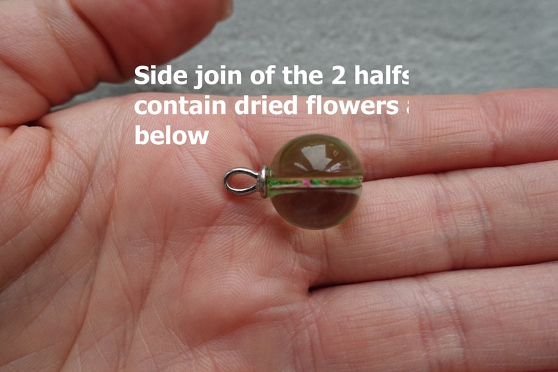 Op de afbeelding: Een heldere, ronde hanger met gedroogde bloemen erin. De hanger is verdeeld in twee helften, gescheiden door een groene en roze band. Het heeft een zilverkleurige lus om op te hangen. De tekst zegt: "Side join of the 2 halves contain dried flowers below."