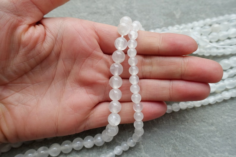 3 Sizes Natural Selenite Round Beads, 4mm 6mm 8mm AB Grade Gemstone Bead, Strand or 10 pcs, Craft supplies image 4