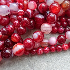 3 Sizes - Coloured Red/Pink Agate Beads, Gemstone Agate, 6mm 8mm 10mm Magenta Round Beads, mala, necklace earrings diy wholesale bulk