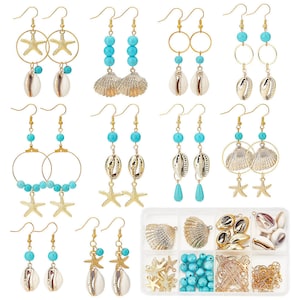 May include: Various gold-coloured earrings with seashell, starfish, and turquoise bead details. Some earrings have a hoop design. A small container holds extra earring components, including shells, beads, and charms.