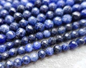 3 Sizes - Natural Sodalite Beads, 4mm 6mm 8mm Faceted Blue Beads, Round gemstone beads, 10 pcs or 1 strand