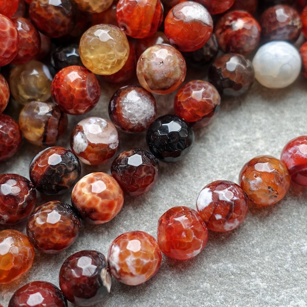 8mm 10mm Faceted Fire Crackle Agate, Round Dragon veins Red Agate Gemstone Beads, 10 beads or 1 strand