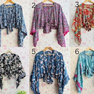 Blusa de seda estampada con lazo para mujer, estilo bohemio, cruzada, con mangas acampanadas
