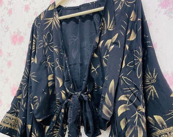 Silk Tie Top women Boho Bell Sleeve Wrap blouse summer vacation top for her