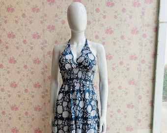 Block Print Cotton Halter Dress: Floral Summer Beach Dress