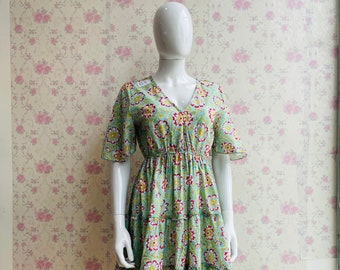 Cotton Block Print Sundress: Bohemian Floral V-Neck Dress