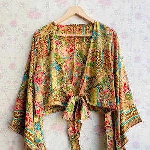 Handgemachtes Seiden Crop Top mit Schmetterlingsärmeln: 70er Jahre Boho Bluse