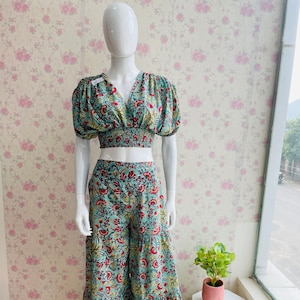 Hand Block Print Cotton Co-ord Set Bohemian Co-ord Set Women Summer Outfit Pure Cotton Day Wear Resort Dress Boho Crop Top Flare Trouser