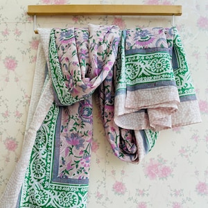 Handmade Floral Print Cotton Sarong: Indian Block Print Scarf