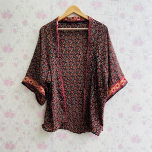 Floral Short Kimono Jcaket For Women Black Kimono Jacket Cardigan Boho Duster Beach Wear Sun Downer Bikini Cover Up Silk Duster Jacket