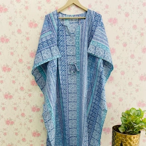 Floral Block Print Cotton Kaftan Dress: Beach Coverup Maxi