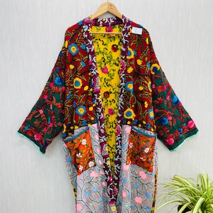 Handmade Phulkari Kimono: Embroidered Wool, Women's  Boho Robe