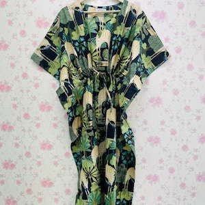 Floral Block Print Cotton Kaftan Dress: Beach Coverup Maxi Caftan