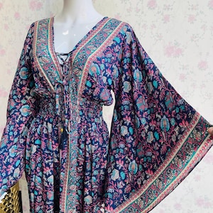 Women Silk Hi-Low Dress Bohemian Beach Maxi Dress Floral Hippie Vacation Outfit Summer Sundress Goddess Dress Gift For Her Boho Bell Sleeve