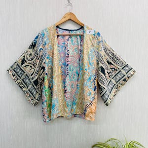 Silk Patchwork Kimono Duster, Bohemian Cardigan Jacket