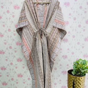 Floral Block Print Cotton Kaftan Dress: Beach Coverup Maxi