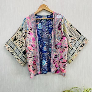 Printed Silk Patchwork Kimono: Boho Bell Sleeve Jacket