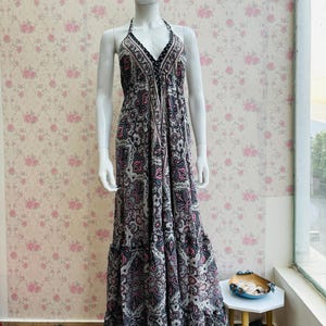 Floral Paisley Silk Maxi Dress: Halter Boho Goddess Gown