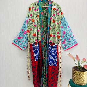 Kimono indio Phulkari de lana bordado, chaqueta larga para mujer, bata de fiesta bohemia para hombre.
