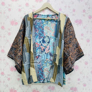 Patch Silk Kimono Jacket Cardigan Duster Jacket Vintage Kimono Bohemian Jacket Women Gift Short Kimono Coat Gift For Her Hippie Kimono