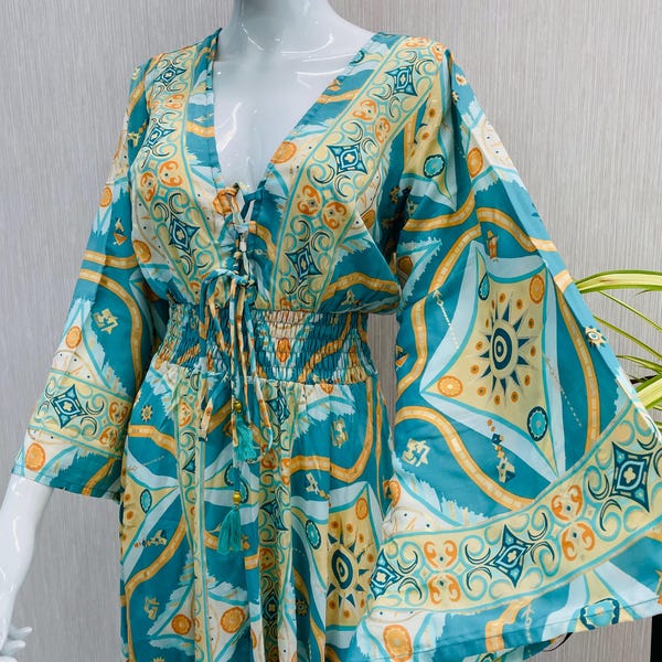 Abito lungo in seta con stampa floreale boho: abito elegante boho da donna in taglia unica