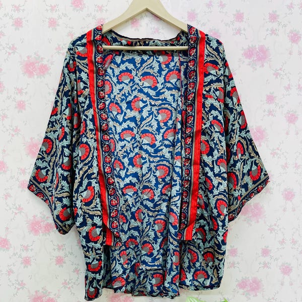 Floral Silk Kimono Jacket: Bohemian silk short Duster
